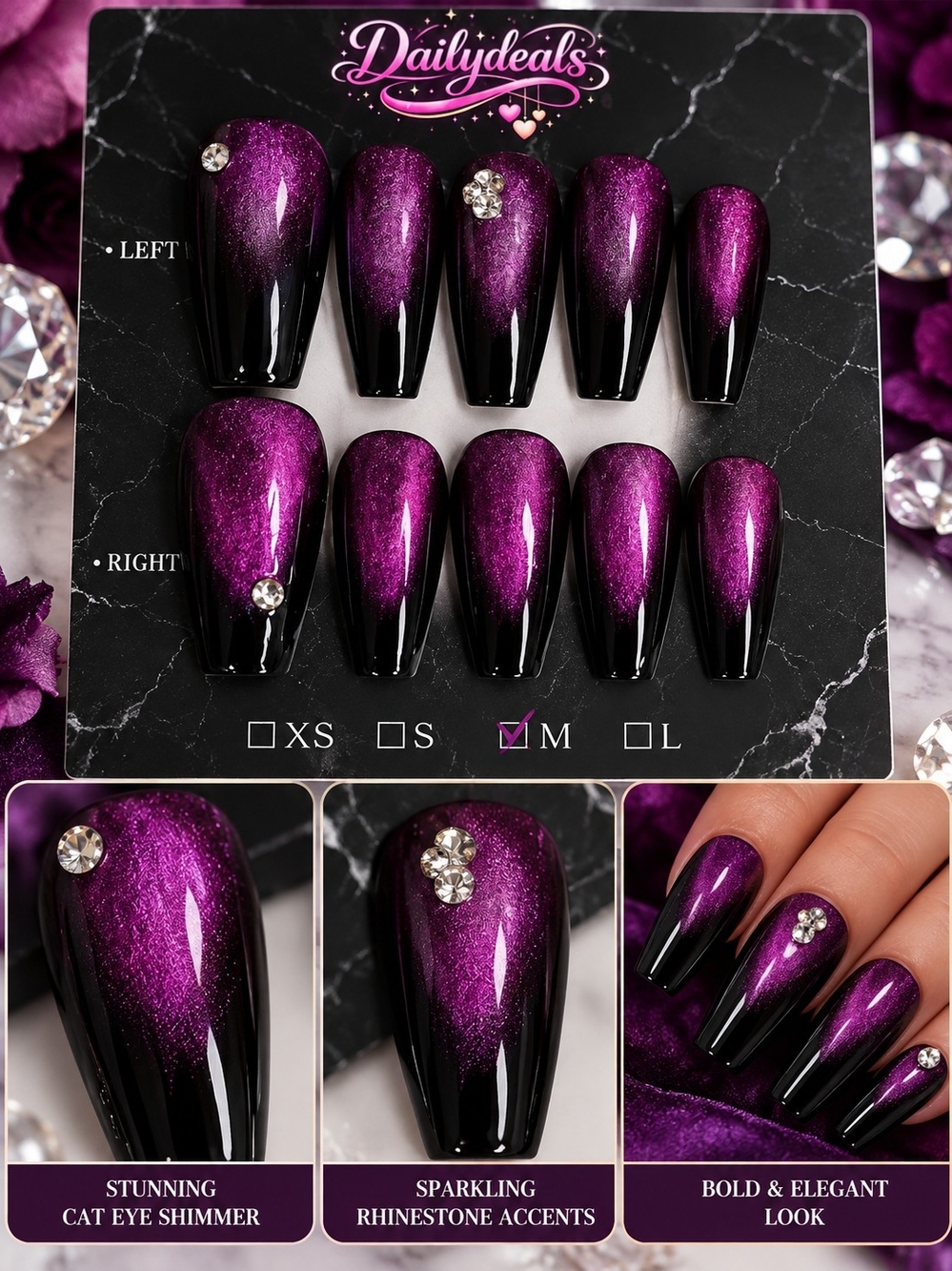 Purple Cat-Eye Rhinestone Press-On Nails – Size Medium